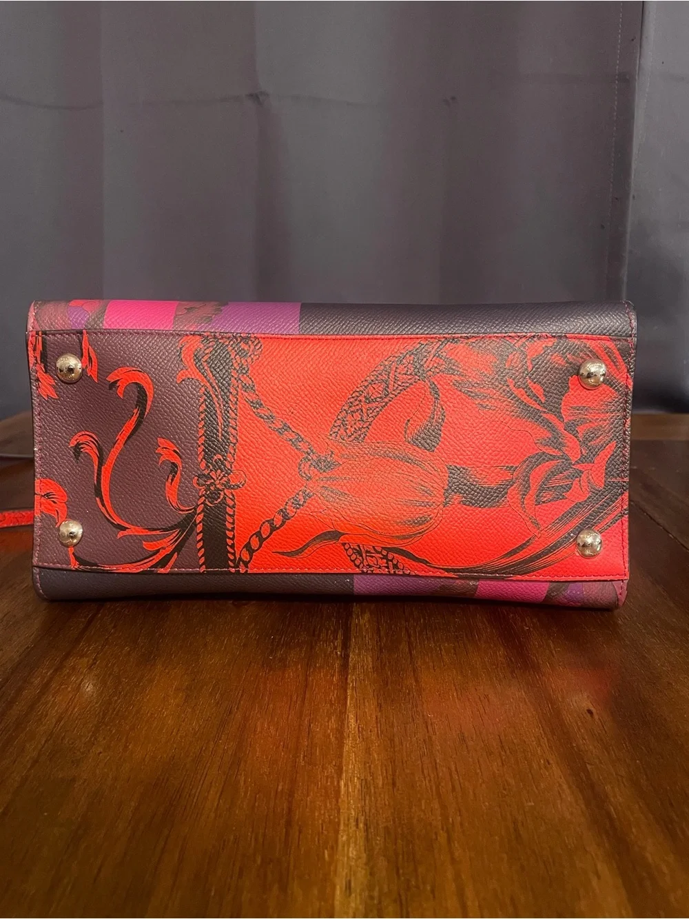 Salvatore Ferragamo Pink & Red Printed Leather Satchel with Bow Detail